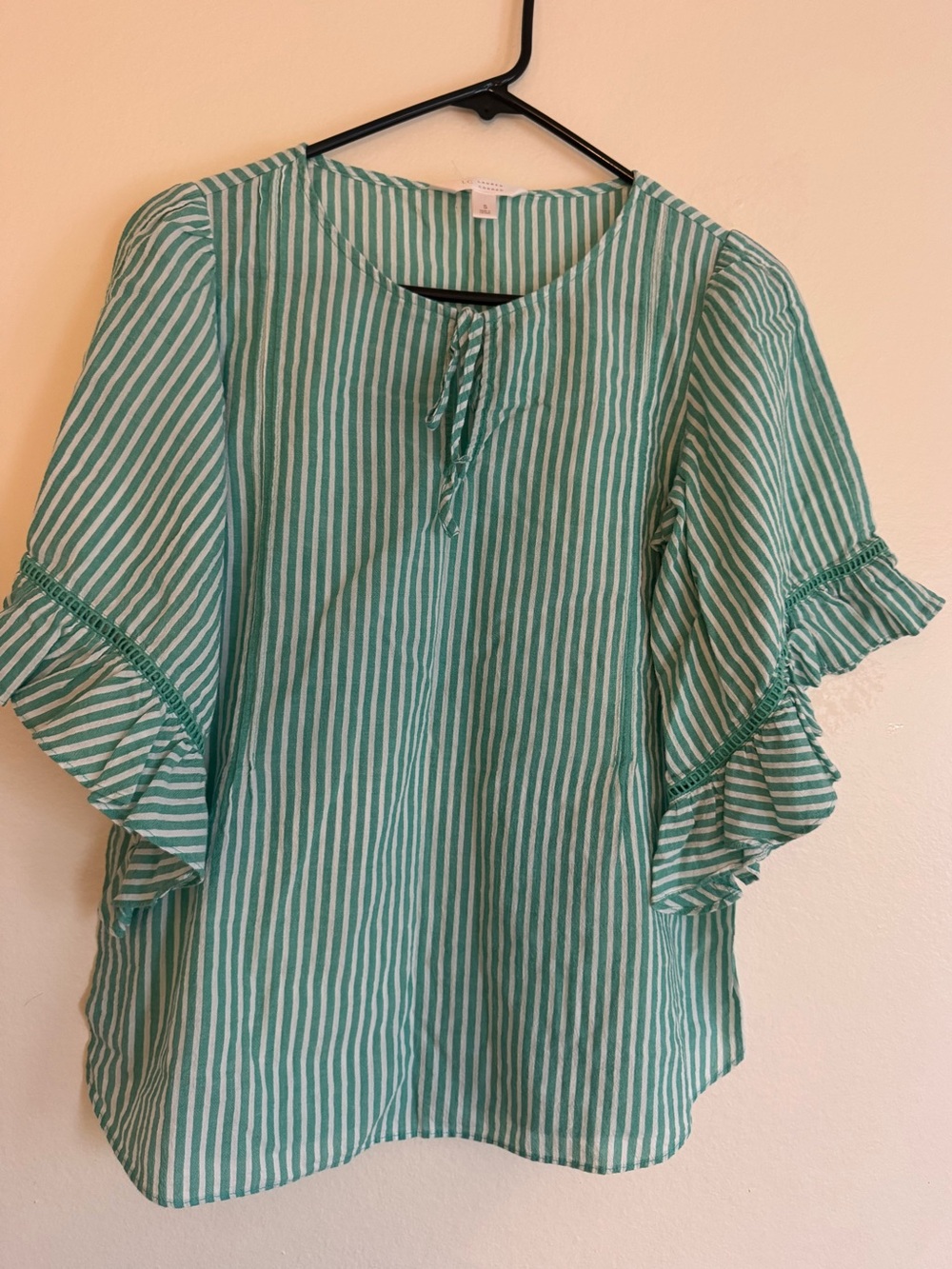 LC Lauren Conrad Green and White Striped Ruffle Sleeve Beachy Coastal Blouse